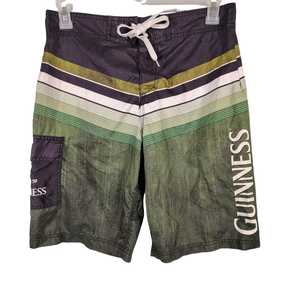 Guinness‎ Mens M Board Shorts Green Stripe Polyester Beer Logo Beach Gorpcore